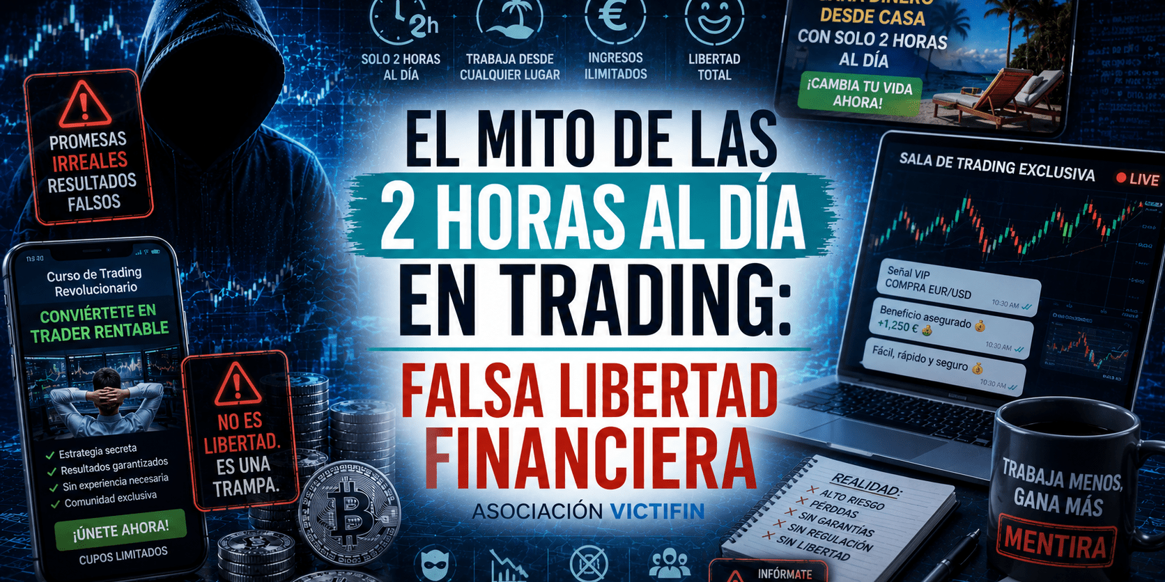 Las falsas academias de trading prometen operar un par de horas al día para conseguir tiempo libre. Analizamos cómo ocultan el estrés y riesgo real.