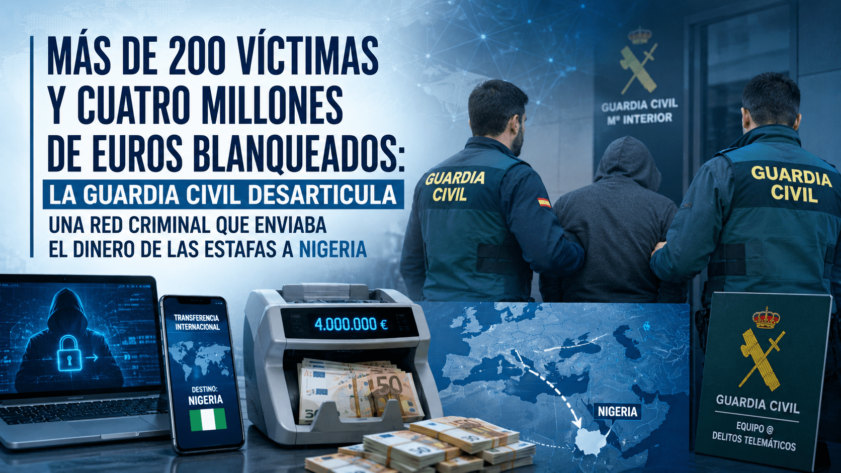 HAZ la imagen Más de 200 víctimas y cuatro millones de euros blanqueados: la Guardia Civil desarticula una red criminal que enviaba el dinero de las estafas a Nigeria