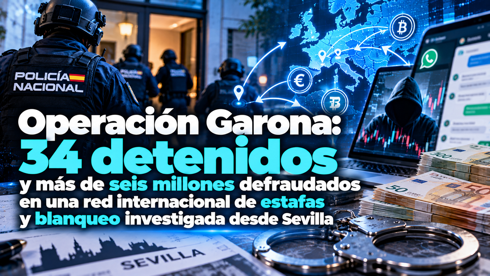 Operación Garona: 34 detenidos y más de seis millones defraudados en una red internacional de estafas y blanqueo investigada desde Sevilla