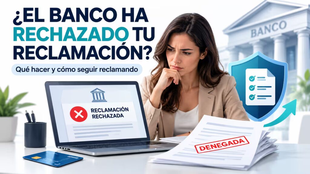 Mujer revisando una reclamación bancaria denegada tras una posible estafa financiera.